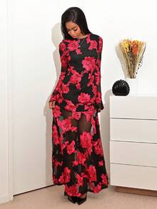 Mima John Vestido ajustado ajustado elegante, romántico y delicado con bordado floral y espalda descubierta tipo sirena para vestir en Año Nuevo, vestido largo para mujer - Rojo - Ver 5