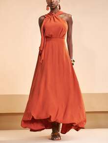 Zivah New Spring/Summer New Arrival, Suitable For Birthday Parties, Graduation Season, Everyday Outings, Versatile Casual Vacations, Cruise Travel, Beach Sunbathing, Online Bestseller, Christmas, Casual And Elegant, Linen-Feel Crinkled Halter Neck Women's Jumpsuit Elegant Dress - Brown - View 7