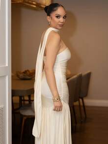 Melissa Matos Váy dài bồng bềnh không dây vải bóng trơn thời trang mới, váy xẻ tà eo nhún, thích hợp cho đám cưới, tiệc tốt nghiệp, hẹn hò, kỳ nghỉ - Màu be - Xem 4