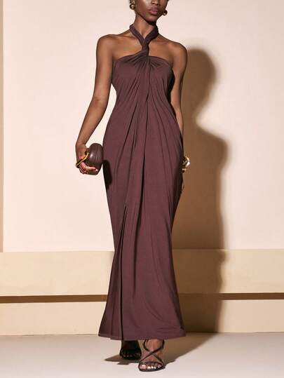 Zivah 2026 Spring & Summer New Wedding Season, Music Festival, Easter, Western, Nomadic, Bohemian, Nashville Style Dress For Party, Wedding, Evening, Date, Gathering, Birthday, College, Student, Daily Wear, Basic Versatile, Casual, Vacation, Cruise Travel, Beach, Sunbathing, Trending, Elegant, Commute, Business Casual, Halter Neck Tie, Front Ruched, Slit, Sexy Open Back, Fitted Long Dress, Dark Brown Dress, Spring & Summer Dress, Party Dress, Sexy Dress, Women Dress