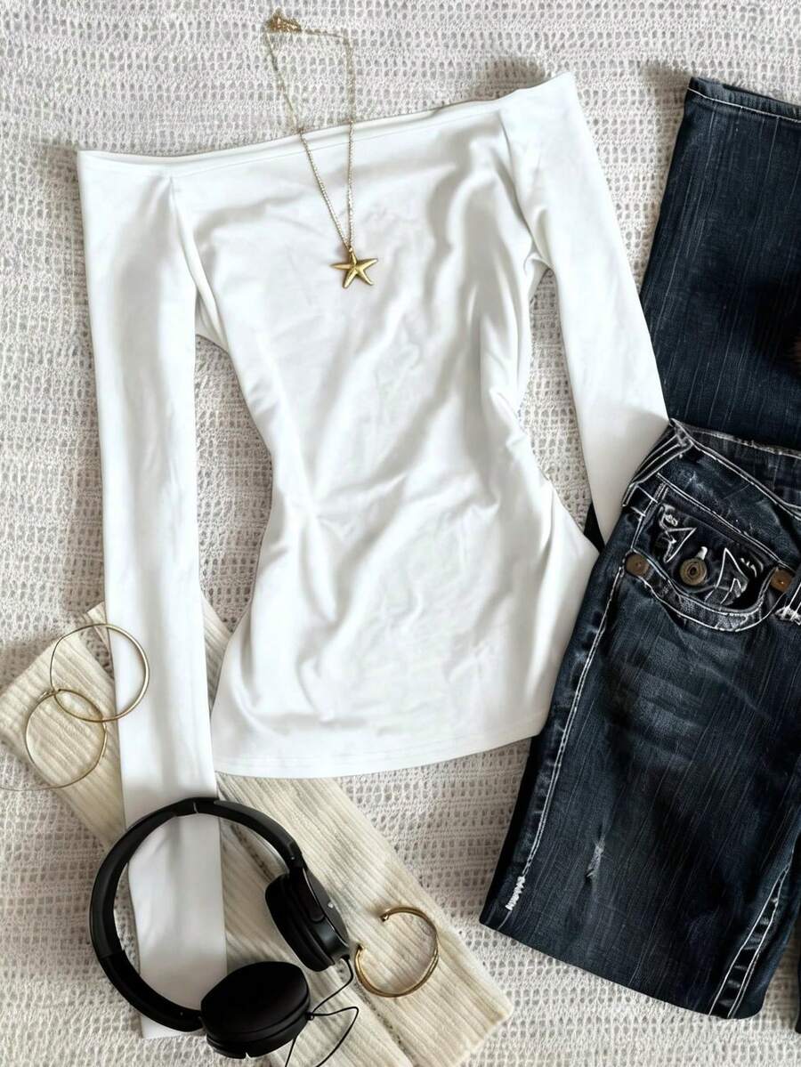 Glimmora 时尚简约露肩长袖T恤，送朋友的礼物 - 白色 - 查看 1