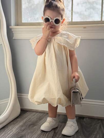 DAZY Toddler Girls' Solid Color Bow Decor Puff Sleeve Casual Korean Style Dress