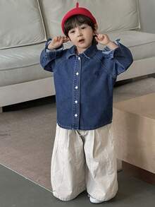 Dazy Kids 男童素色前开襟宽松长袖牛仔夹克 - 中等水洗藍 - 查看 5