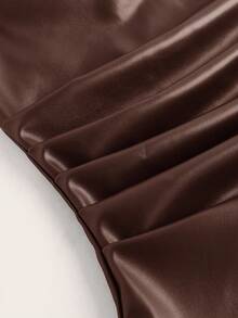 Siren Gaze 女士皮革上衣时尚褶皱不对称下摆抹胸，适合外出和派对圣诞上衣 - 咖啡棕 - 查看 3