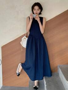 DAZY Đầm xòe cổ bèo dành cho nữ, đầm không tay thanh lịch với cổ bèo tôn dáng. - Màu xanh lam - Xem 7