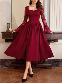 Vintamour Elegant Burgundy Women's Vintage Midi Dress,Lace Patchwork Bodice Long Sleeve Autumn Dining Party Dress With Pockets,Valentine's Day Holiday Outfit - Burgundy - View 1
