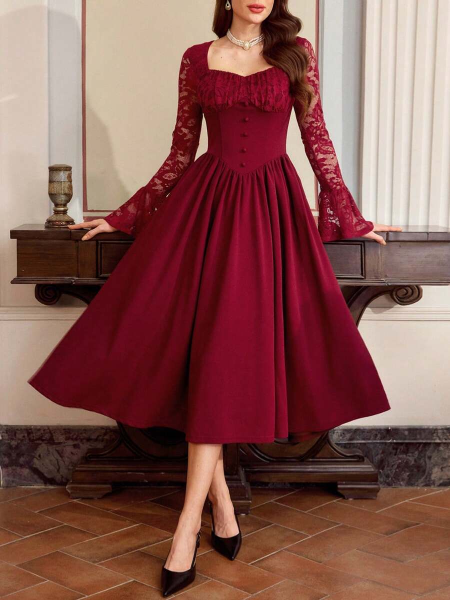 Vintamour Elegant Burgundy Women's Vintage Midi Dress,Lace Patchwork Bodice Long Sleeve Autumn Dining Party Dress With Pockets,Valentine's Day Holiday Outfit - Burgundy - View 1