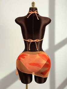 Zestiva Women's Floral Print Halter Tie Back Sexy Bikini 3-Piece Set, Beach Vacation - Orange - View 2