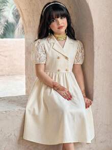 SHEIN 少女优雅翻领泡泡袖纹理连衣裙 - 杏色 - 查看 7