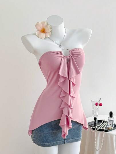 Elamini 女士Y2K纯色环扣荷叶边下摆时尚抹胸上衣