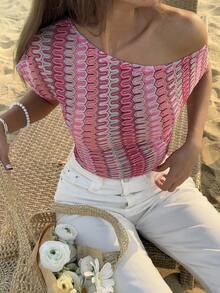 Livesso Women's Casual Asymmetric Collar Striped Blouse, Summer - Pink - View 8