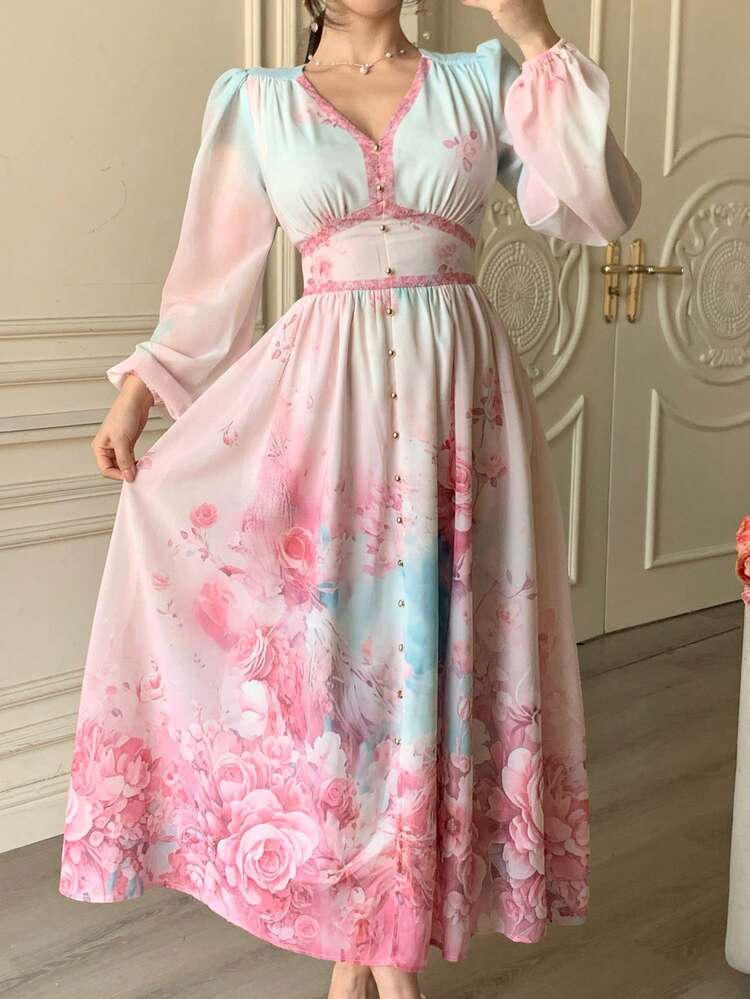 Women's V-Neck Long Sleeve Printed Waist Cinched Elegant Dress, Vacation Style Maxi Dress Sundress