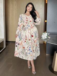Dazy Plus Plus Size Women V-Neck Floral Print Elegant Waist Cinched Party Dress Sundress Boho Vacation Outfits Women - Multicolor - View 3