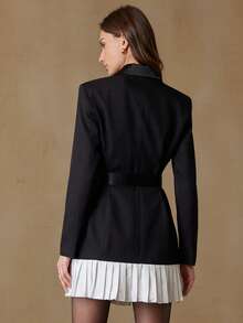 Revavyn New Elegant Women Fitted Colorblock Satin Hem Pleated Waist Blazer Jacket - Black - View 2