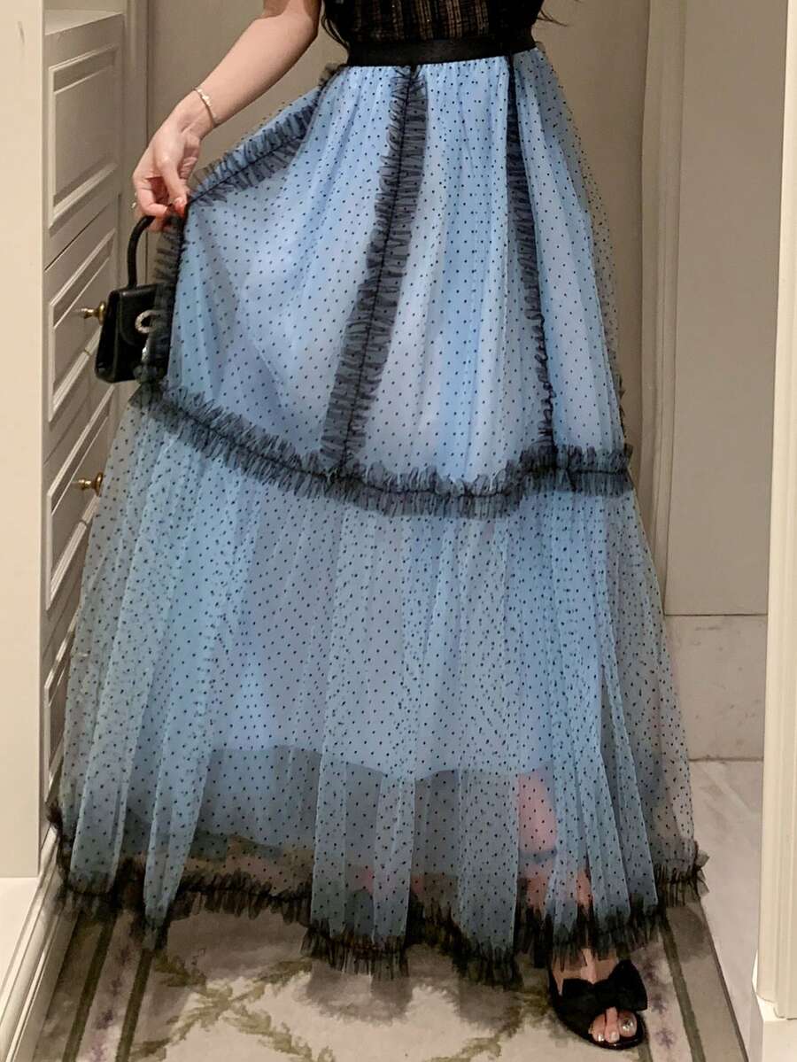 DAZY Women's Elastic Waist Polka Dot Flocked Mesh Long Casual A-Line Skirt - Blue - View 1