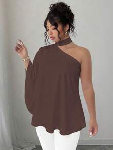 SHEIN Elenzya 大码斜领露背扎染印花衬衫 - 棕色 - 查看 3