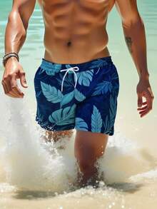 HIMLAND Men's Summer Leaf Print Drawstring Waist Slant Pocket Hawaiian Mesh Lined Shorts, 3D Digital Printing, Fashion Casual Beachwear, Swim Trunks - Multicolor - View 3