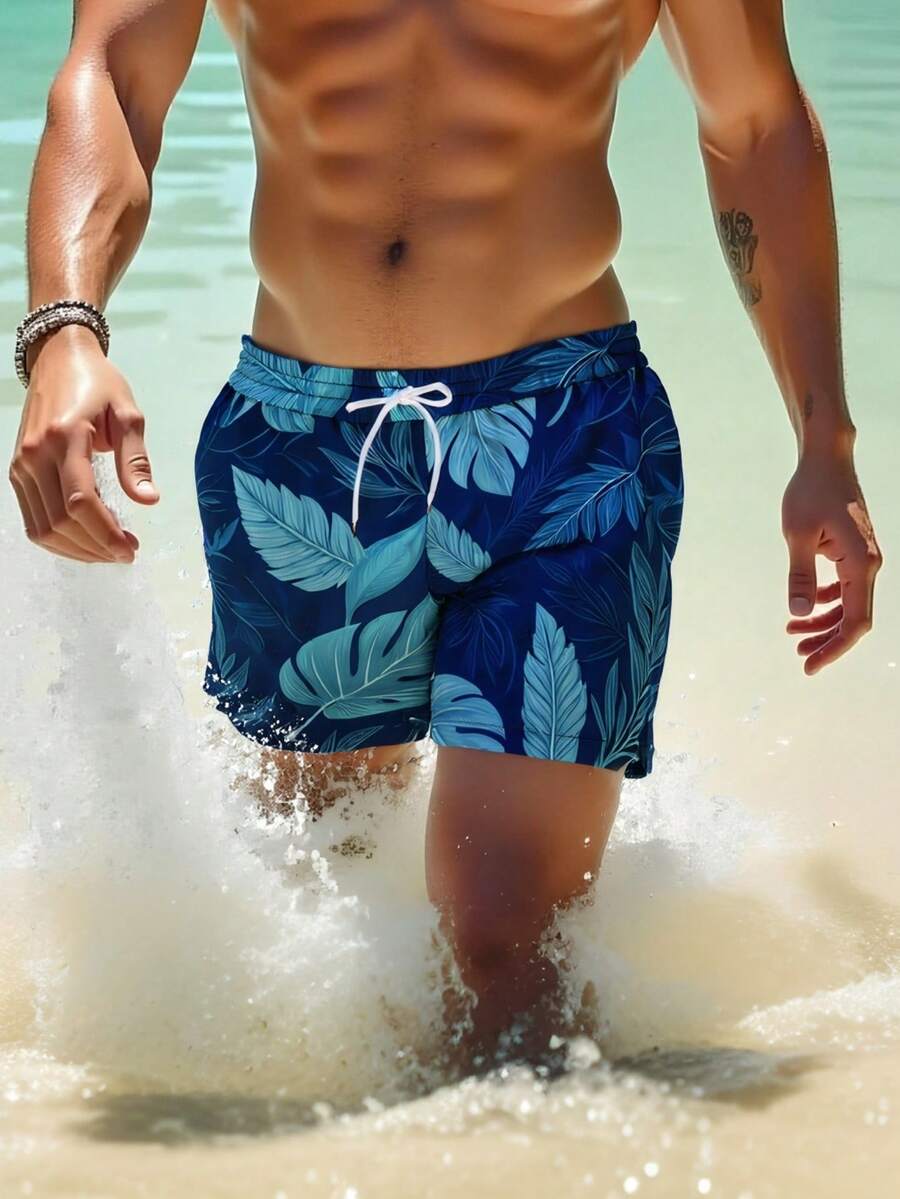 HIMLAND 男士夏季树叶印花抽绳腰斜插口袋夏威夷网眼衬里短裤，3D数码印花，时尚休闲沙滩装，泳裤