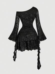 SHEIN MOD Đầm nữ màu trơn xếp nếp lệch vai - màu đen - Xem 2