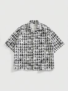 ROMWE MEN Street Life 男士人脸印花时尚短袖衬衫 - 黑與白 - 查看 7
