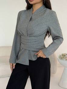 Modelyn 大码女式灰色长袖收腰A字褶皱优雅衬衫 - 灰色 - 查看 5