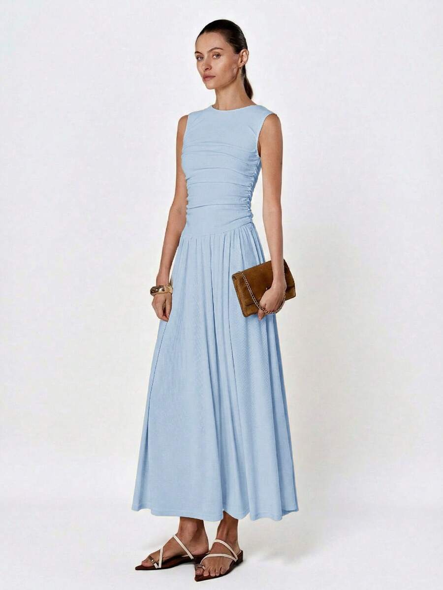 Aveloria Modichic Đầm trắng tối giản, tinh tế, cổ tròn, xếp ly, không tay - Màu xanh lam - Xem 1