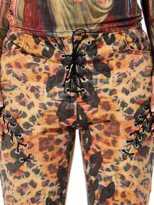 SUMWON WOMEN Boho Chic Flared Jeans With Leopard Print Lace Up Side Details Fall Fashion Denim Pants - Multicolor - View 5