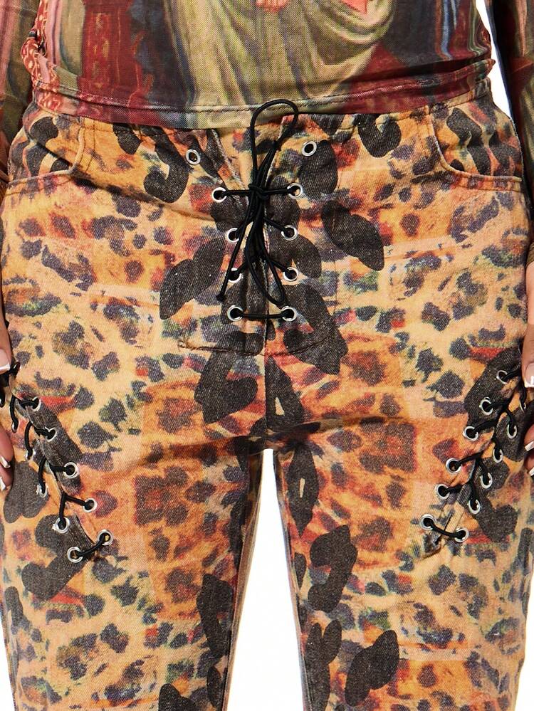 SUMWON WOMEN Leopard Print Flared Jeans With Lace Up Details
