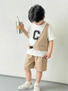 SHEIN Little Byeori Bộ 2 món gồm áo thun cổ tròn và quần short kaki dáng rộng, thích hợp cho bé trai, phù hợp mặc hàng ngày, thể thao, dã ngoại, đi học, tụ họp, lễ hội, biểu diễn và chụp ảnh. - Màu Khaki - Xem 1