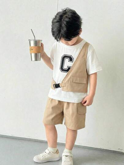 SHEIN 2pcs/Set Young Boys' Casual Versatile Round Neck T-Shirt And Khaki Cargo Shorts Set, Suitable For Spring/Summer, Daily Wear, Sports, Outings, School, Gatherings, Festivals, Performances, And Photoshoots,Toddler Boy Clothes,Toddler