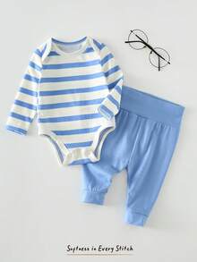 Cozy Pixies 新生儿男女宝宝卡通图案针织柔软圆领长袖连体衣和松紧腰长裤两件套 - 彩色 - 查看 1