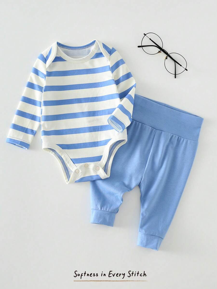 Cozy Pixies 新生儿男女宝宝卡通图案针织柔软圆领长袖连体衣和松紧腰长裤两件套 - 彩色 - 查看 1