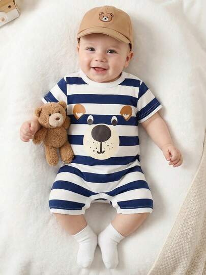 婴儿男宝宝蓝白条纹小熊印花圆领短袖连体衣，按扣裆部设计，蓝白条纹百搭款式，方便穿脱，柔软小熊图案，采用舒适面料，适合春夏穿着，适合3-24个月宝宝，新生儿可爱，短袖连体衣，0-1岁夏季服装，小熊和条纹元素