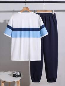 SHEIN 2件套青少年男童休闲简约字母印花圆领套头衫套装，适合夏季、运动、跑步、户外活动 - 彩色 - 查看 4