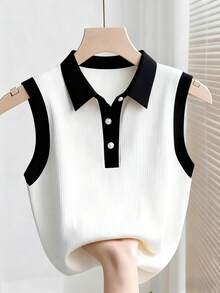 Franclia 女士休闲日常办公通勤撞色滚边 Polo 领背心，夏季 - 黑與白 - 查看 1