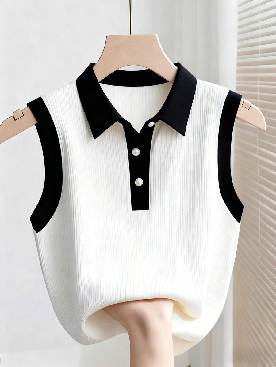 Franclia 女士休闲日常办公通勤撞色滚边 Polo 领背心，夏季 - 黑與白 - 查看 1