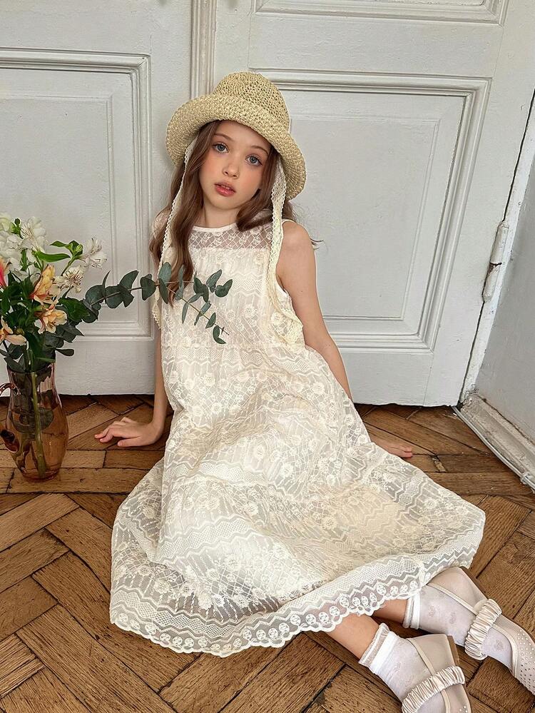Tween Girl Floral Embroidered Mesh Round Neck Sleeveless Casual Cute Dress Summer