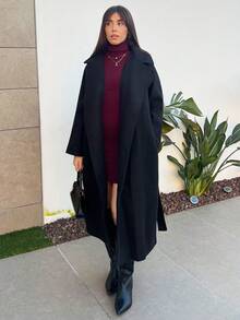 Hitanina 女士纯色优雅长袖长款外套，秋冬款 - 黑色 - 查看 4