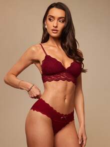 Silquee Lace Trim Bow Front Panty Lingerie Bow Tie Valentine's Day Sexy Lace Galentines Adult Date Night  Spandex See Through Romantic Sexy Curve Red Underwear - Burgundy - View 6