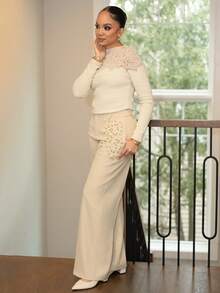 Melissa Matos 现代时尚珍珠装饰口袋女士优雅压褶裤 - 奶油色 - 查看 2