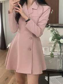 DAZY Lapel Single-Breasted Cinched Waist Long Sleeve Dress For Women - Baby Pink - View 4