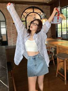 DAZY Women's Plaid Collar Long Sleeve Shirt, Korean Style, Spring/Summer - Baby Blue - View 5