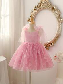 Glamorique Kids Vestido de Princesa de Tule Bordado sem Mangas para Meninas, Rosa, Saia Volumosa Fofa, Adequado para Dama de Honra, Festa de Aniversário, Casamento, Feriado, Sessão de Fotos, Todas as Estações - Rosa chiclete - Visão 4