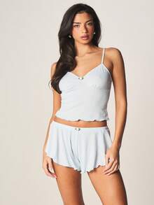 MISSGUIDED 镂空罗纹吊带背心和荷叶边下摆短款睡衣套装家居服两件套 - 藍色 - 查看 1