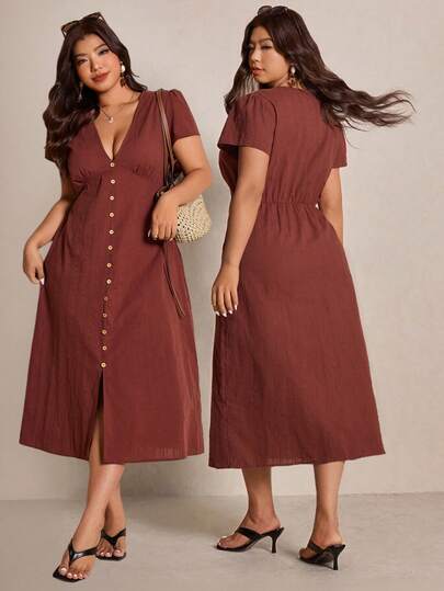 Elaquor Plus Size Solid Color Waist Cinched Deep V Neck Button Decor Dress Plus Size Midi Dress Plus Size Summer Dresses Plus Size Casual Dress