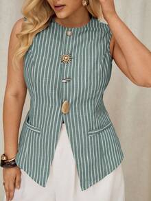 Auralis Plus Size Summer Casual Commuter Striped Front Button Tank Top - Green - View 6