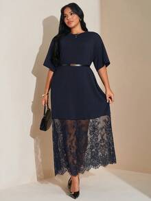 SHEIN Tall CURVE 大码纯色宽松休闲短袖T恤蕾丝连衣裙，时尚百搭，适合外出和通勤。 - 寶藍色 - 查看 3