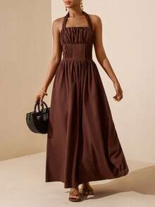 Vesra Women's Solid Color Halter Elastic Ruched Waist Dress - Brown - View 1