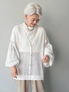 FRIFUL Women's Solid Color V-Neck Single-Breasted Hollow Casual Versatile Lightweight Cardigan For Daily Wear - White - View 2