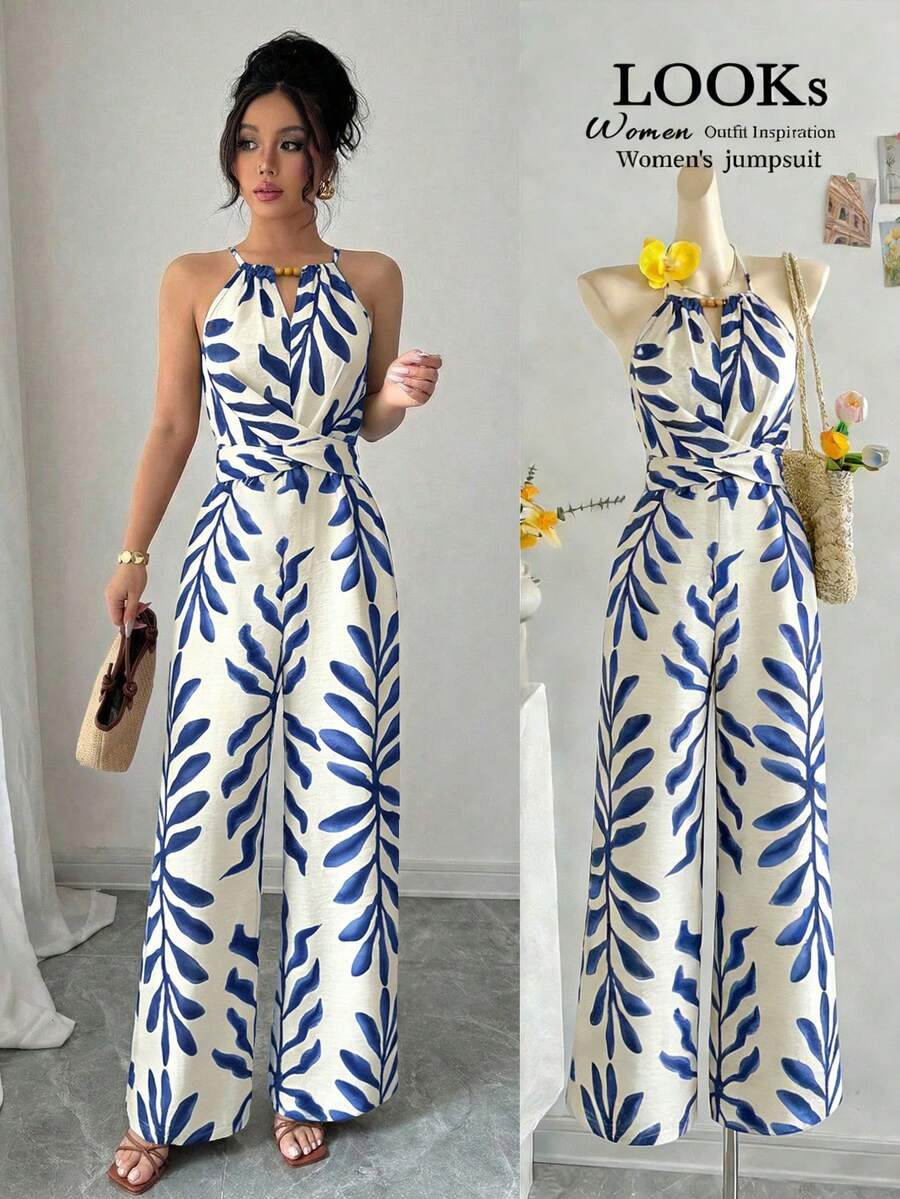 Elenzga petite Bộ jumpsuit nữ thanh lịch, thoải mái, màu be chủ đạo phối họa tiết nâu, chất liệu vải lanh, cổ yếm, đính hạt cườm và thắt nơ ở eo, thích hợp cho mùa xuân/hè. - Màu xanh lam - Xem 1